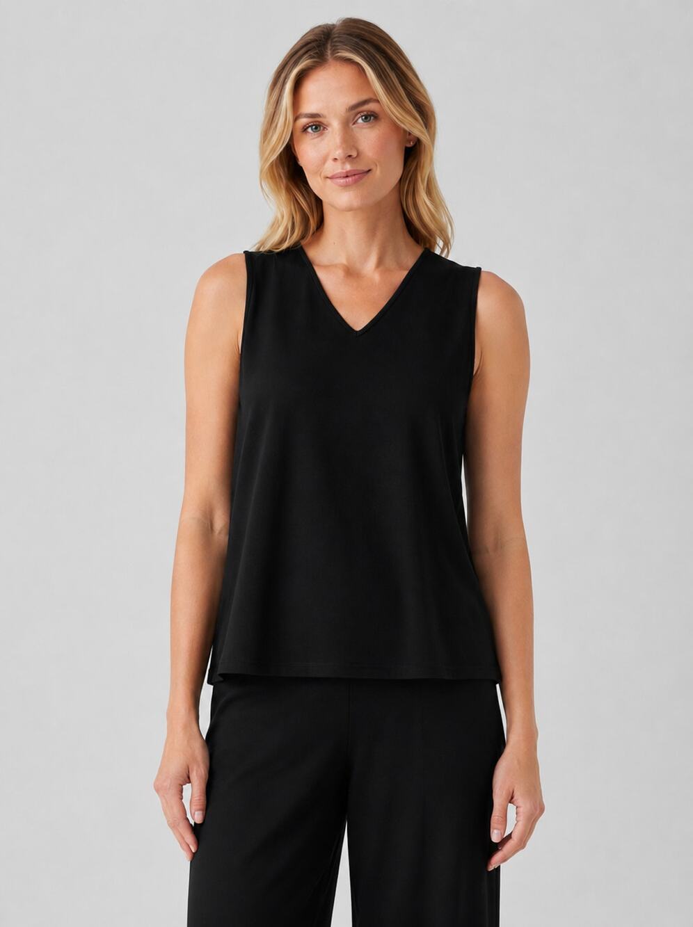 Eileen Fisher V-Neck Tank Top Womens PM Petite Black Viscose Stretch Jersey